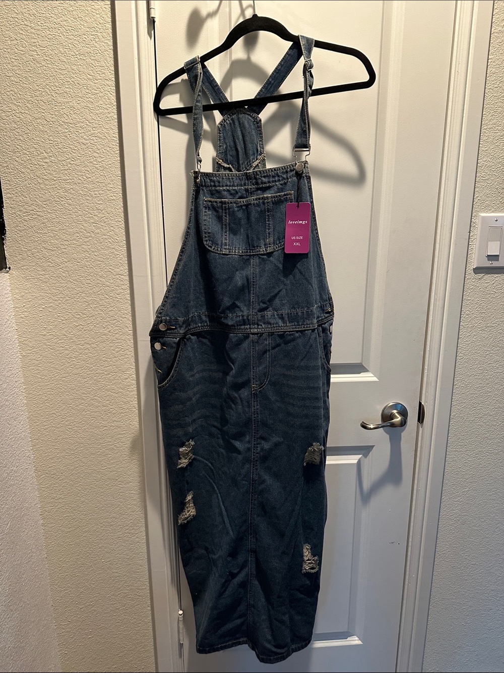 Dark Wash Distressed Denim Overall Dress